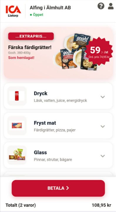 Kategorivy i appen med dryck, fryst mat och glass
